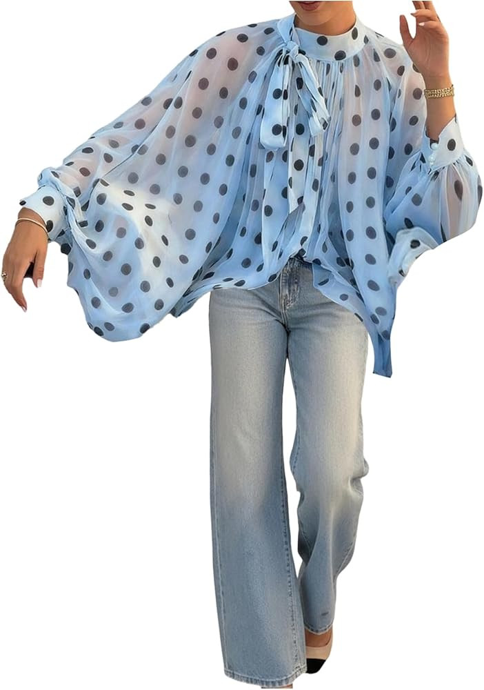 Floerns Women's Polka Dots Bishop Sleeve Shirts Tie Neck Mesh Dressy Casual Blouse Tops | Amazon (US)
