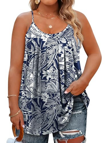 Going Out Tops for Women Plus Size Summer Pleated Blouses Camisole Tops Trendy Floral Sleeveless Spaghetti Strap Shirts 4X | Amazon (US)