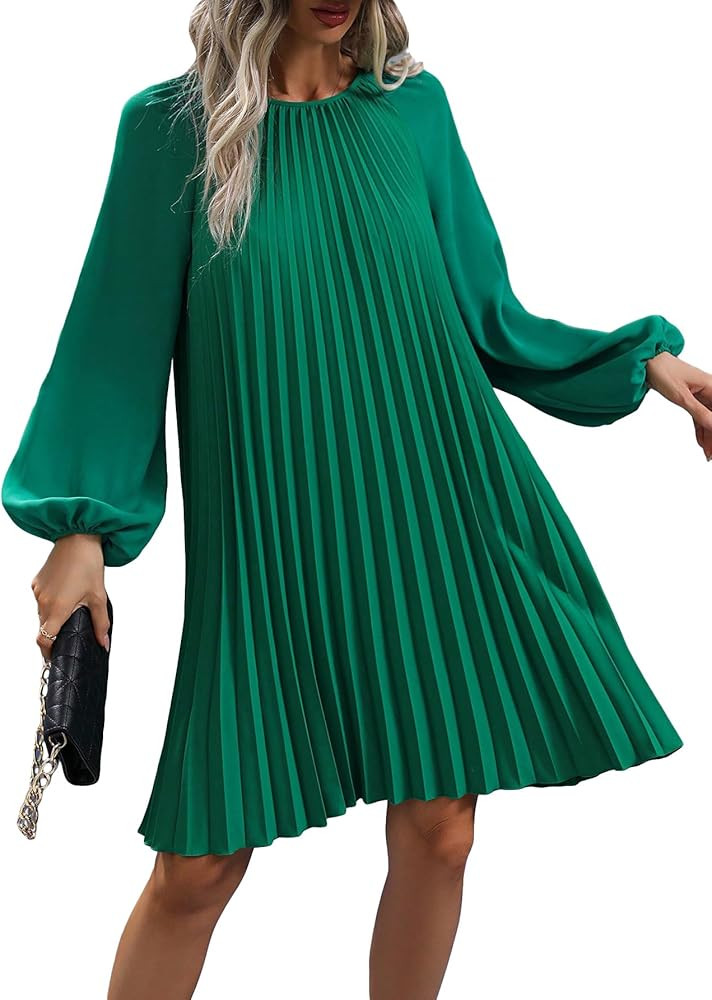SweatyRocks Women's Lantern Long Sleeve Round Neck Solid Dress Casual Pleated Tunic Mini Dress | Amazon (US)