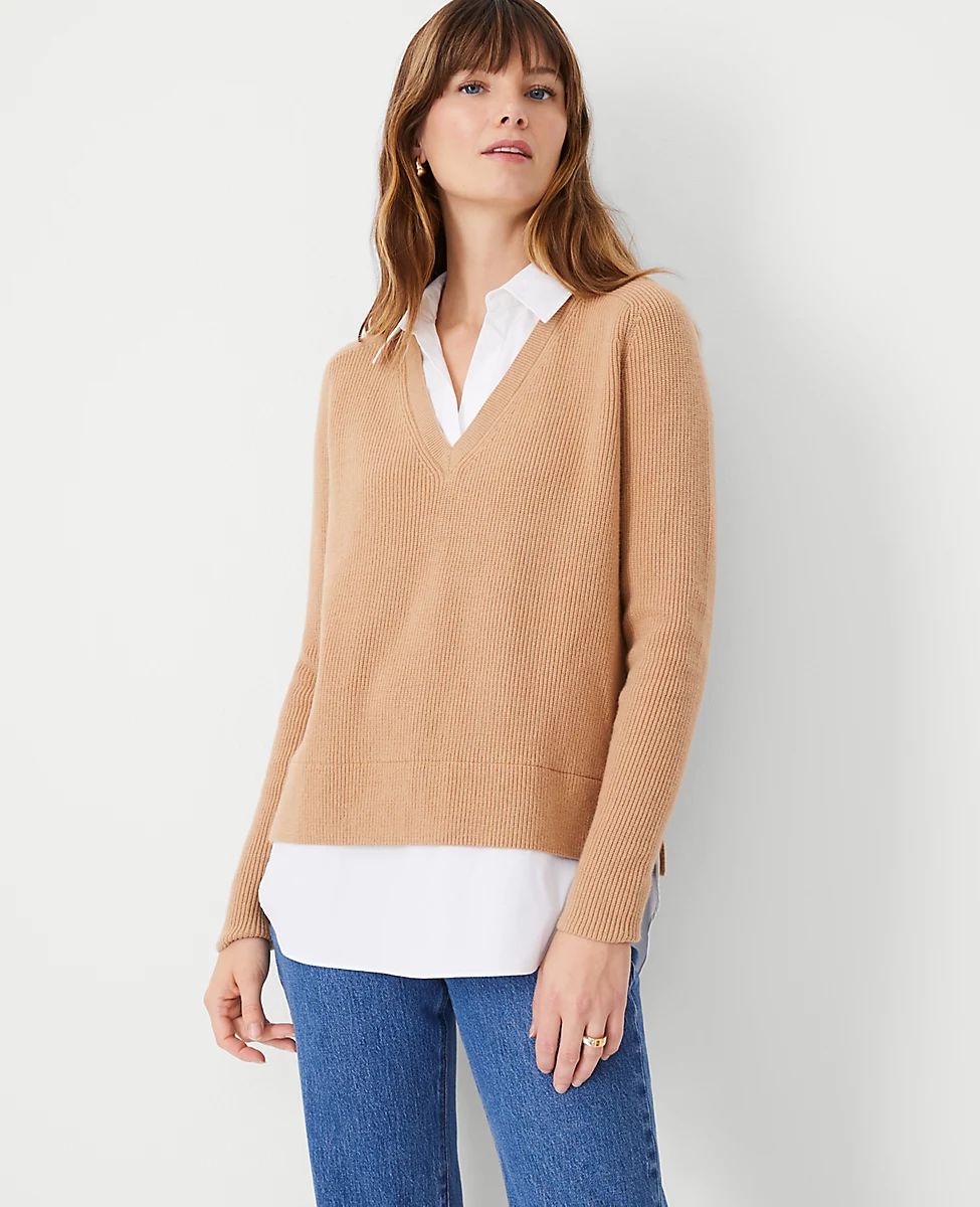 Poplin Layered Mixed Media Sweater | Ann Taylor (US)