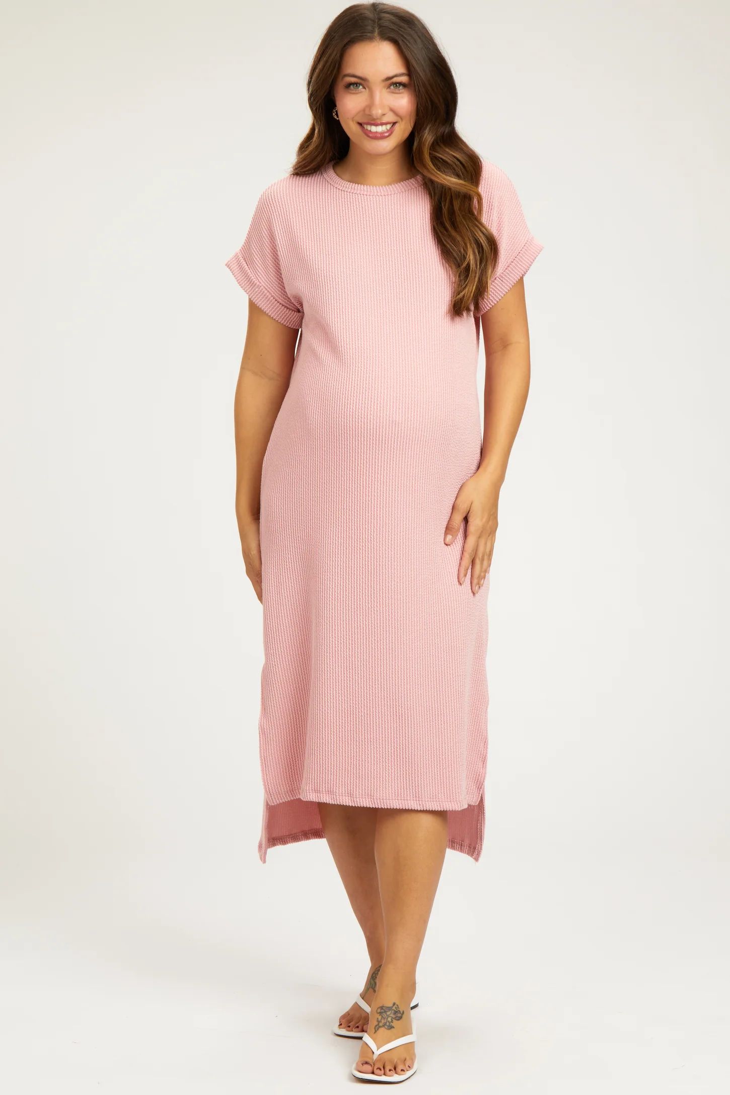 Olive Ribbed Short Sleeve Maternity Midi Dress | PinkBlush Maternity