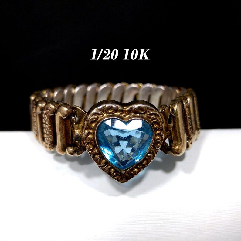 Blue Heart Expansion Bracelet, Sweetheart Bracelet, 10K Gold over Silver, 1940s Vintage Jewelry | Etsy (US)