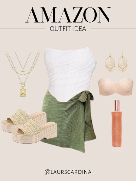 Amazon outfit idea! Pair a white strapless corset top with a green wrap skirt, platform espadrille sandals, a strapless bra, a layered gold necklace, dangling earrings, and glow body oil.

Ootd, date night, spring outfit, summer outfit, resort wear

#LTKshoecrush #LTKstyletip #LTKfindsunder50