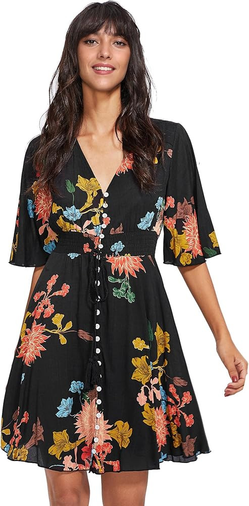 Milumia Women's Vintage Boho Button Up Split Floral Print Flowy Party Dress A Black Large | Amazon (US)