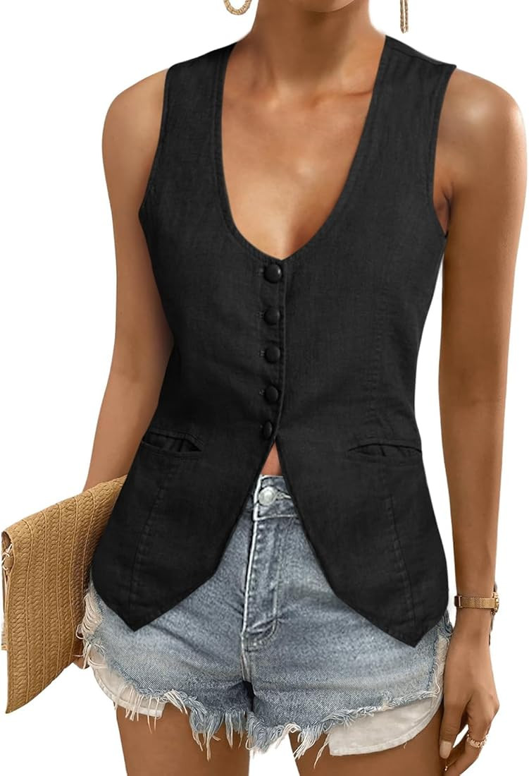 Tankaneo Womens Scoop Neck Blazer Vest Summer Linen Sleeveless Fitted Waistcoat Work Casual Cotto... | Amazon (US)