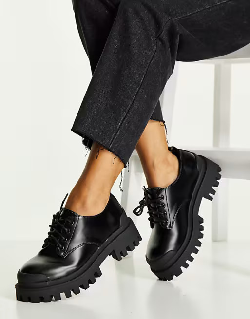 ASOS DESIGN Mayan chunky lace up flat shoes in black | ASOS (Global)