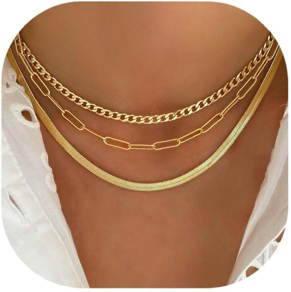 Gold Layered Necklaces for Women, 14K Gold Plated Dainty Gold Chain Choker Necklace Stack, Herrin... | Amazon (US)