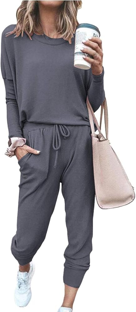 PRETTYGARDEN Women’s Solid Two Piece Outfit Long Sleeve Crewneck Pullover Tops And Long Pants S... | Amazon (US)