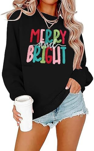 Merry Christmas Sweatshirts Women Merry And Bright Christmas Pullover Top Chenille Patch Letter P... | Amazon (US)