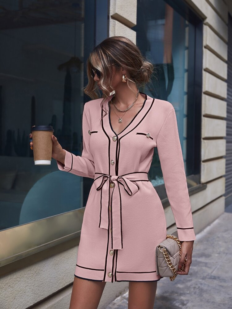 EMERY ROSE Contrast Trim Belted Sweater Dress | SHEIN