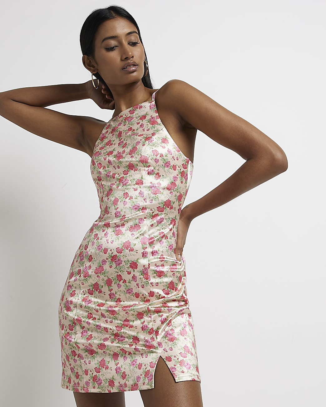 River Island Womens Cream floral satin bodycon mini dress | River Island (US)