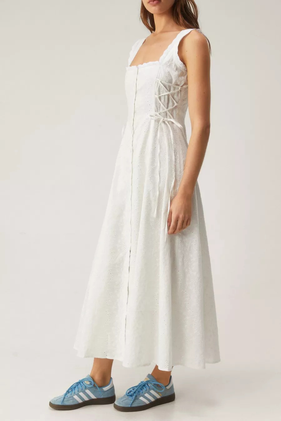 Soft Corset Broderie Lace Up Side Midi Dress | Nasty Gal US