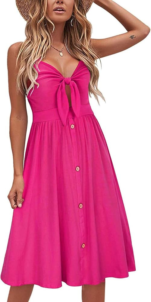 VOTEPRETTY Women's 2023 Floral V Neck Tie Front Spaghetti Strap Beach Dresses with Pockets | Amazon (US)