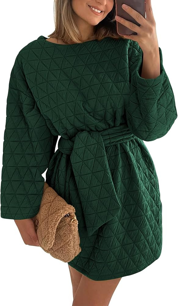 PRETTYGARDEN Women's Long Sleeve Dresses 2024 Fall Casual Short Belted Dress Trendy Quilted Outfi... | Amazon (US)