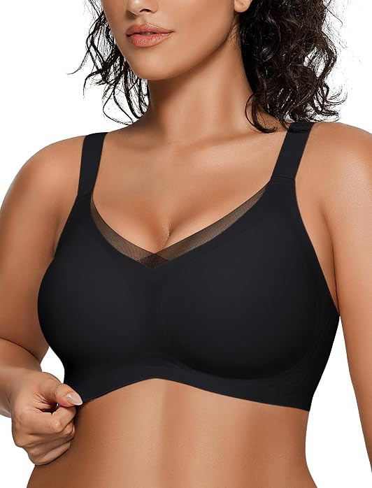 OEAK Womens Wireless Bras V Mesh Comfortable Bralette Supportive Tshirt Bra No Underwire Seamless Push Up Everyday Bras Black XL | Amazon (US)