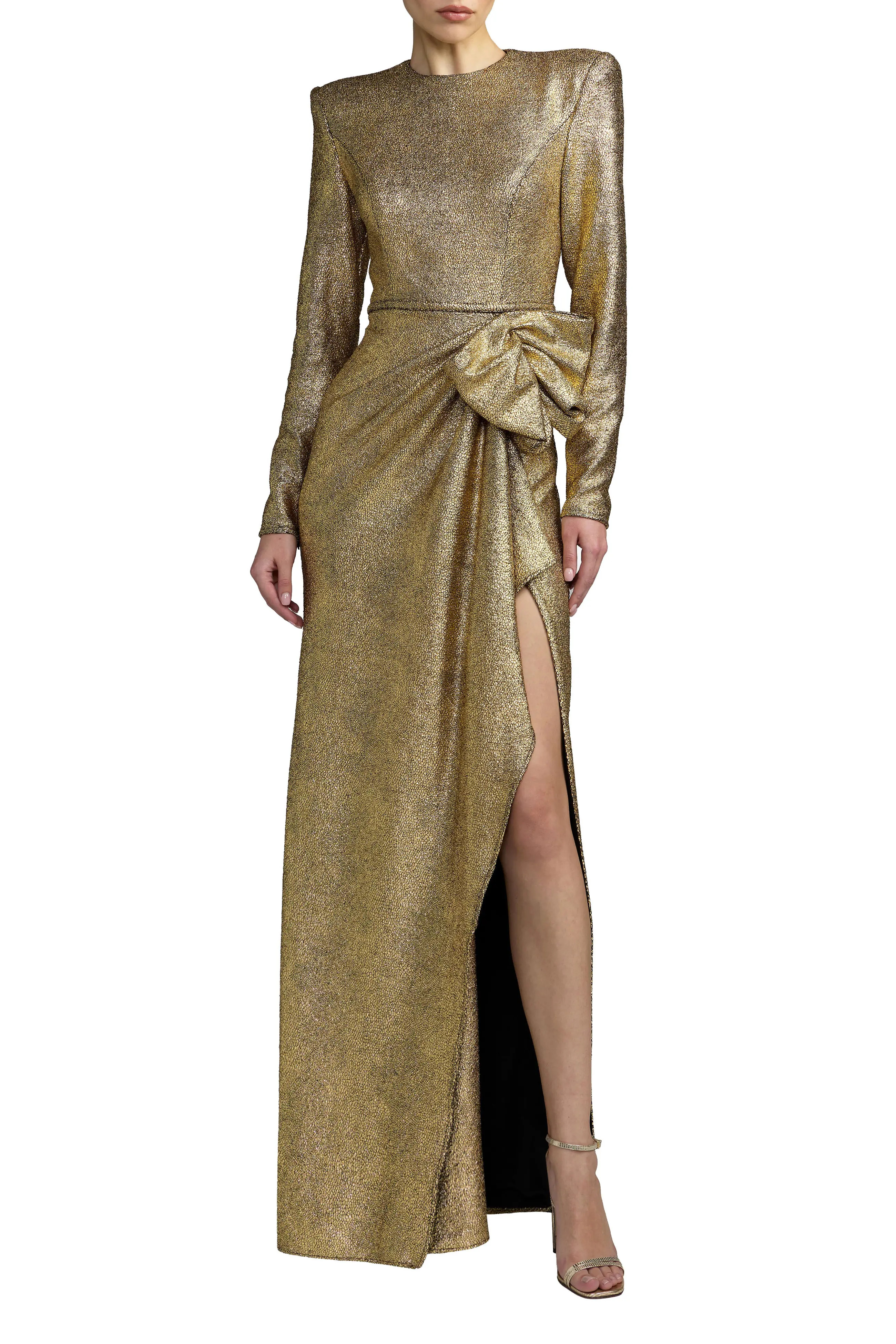 Mac Duggal Metallic Long Sleeve Structured Bow Draped Gown (Women) | Nordstrom | Nordstrom