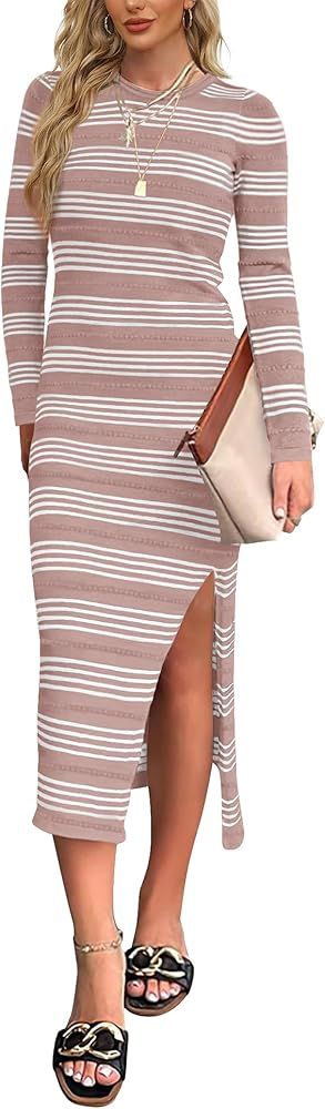 WIHOLL Women's Long Sleeve Midi Dress Slim Fit Striped Knit Side Slit Bodycon Fall Sweater Dresse... | Amazon (US)