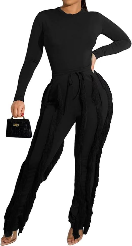 EDITCOZY Women Sexy Two Piece Outfits Fringe Pants Set Long Sleeve Club 2 Piece Going Out Birthda... | Amazon (US)