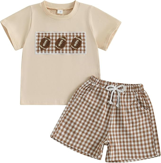Football Toddler Baby Boy Girl Outfit Embroidery T Shirt and Plaid Shorts Set Kids Game Day Cloth... | Amazon (US)