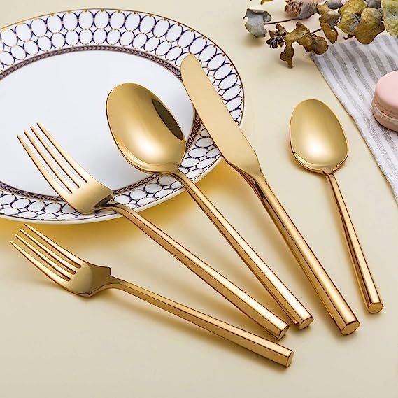 Kelenfer Flatware Cutlery Set Shiny Gold with Hexagon Handle Forged Stainless Steel For Home Hote... | Amazon (US)