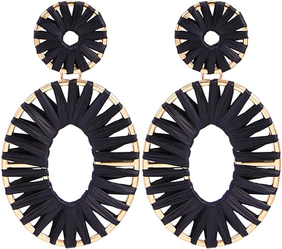 BaubleStar Raffia Tassel Hoop Drop Earrings Handmade Fashion Statement Jewelry for Women | Amazon (US)