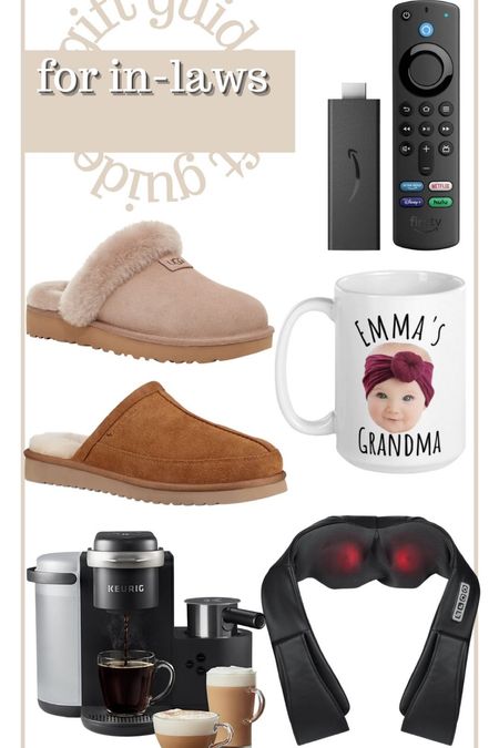 Guide guide for in laws 
Ugg slippers 
Amazon fire stick 
Customized mug 
Message 
Keurig coffee maker

#LTKHoliday #LTKSeasonal #LTKGiftGuide