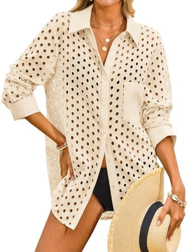 Fisoew Womens Hollow Out Swimsuit Coverup Shirt Button Down Bathing Suit Cover Ups Beachwear | Amazon (US)