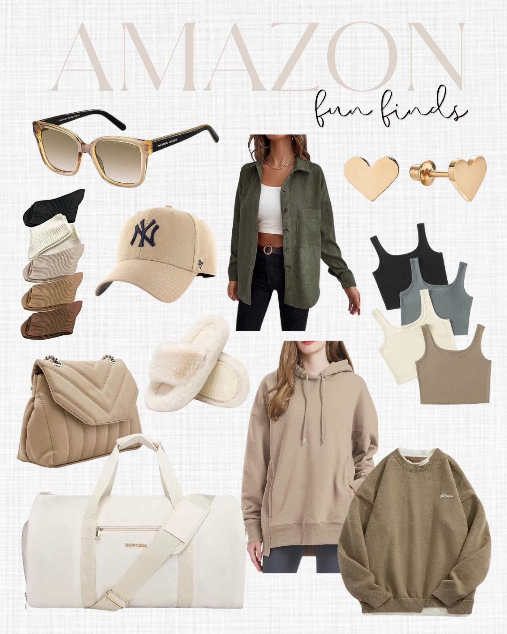 Amazon Fun Finds, Neutral fashion,  Neutral finds, Sunglasses, heart earrings, travel, purse, hat, socks, Amazon Style, Neutral style

#LTKstyletip #LTKbeauty