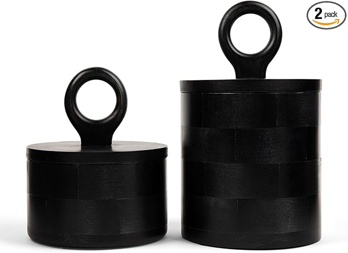 Premium Designer Black Wood Canister with Lids - Set of 2 - Decorative Jars for Kitchen Decor, Di... | Amazon (US)