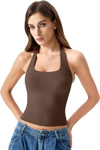 QINSEN Women's Halter Top Scoop Neck Double Lined Tank Top Sleeveless Backless Y2K Going Out Crop... | Amazon (US)