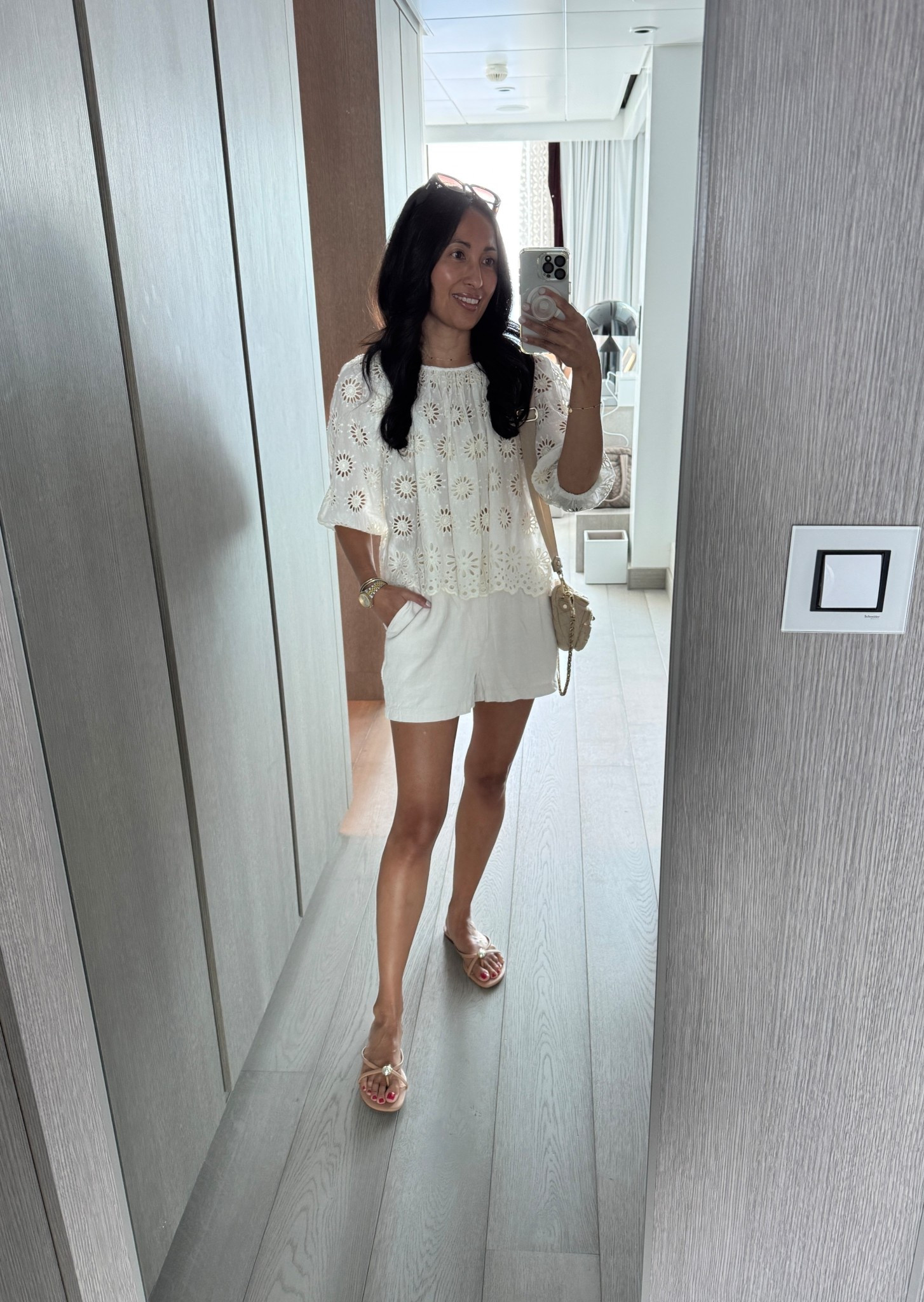 Vacation outfit. Resort outfit. 
Top is beautifully detailed. True to size. On sale plus additional discount with code SALEONSALE. 
Mini bag great for travel. 
Sunglasses look designer  

#LTKOver40 #LTKTravel #LTKSaleAlert