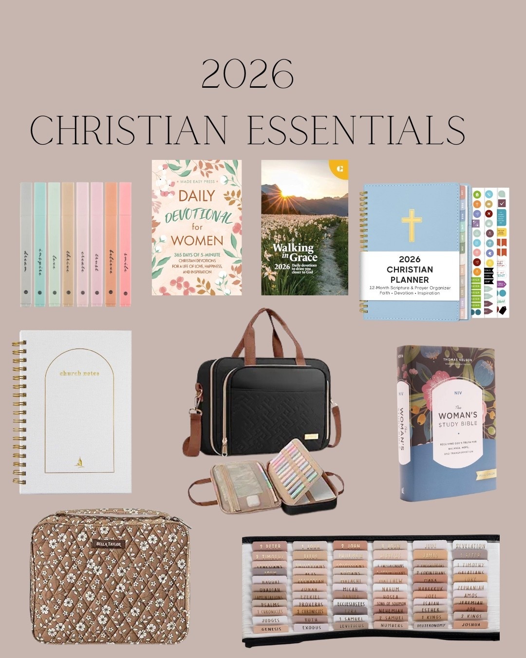 2026 Christian essentials! 

Bible devotionals 
Women’s devotionals 
Bible 
Highlighter 
Bookmark 
Book tabs 
Book bag 
Bookcase 

#LTKselfcare #LTKmorningroutine #LTKHome
