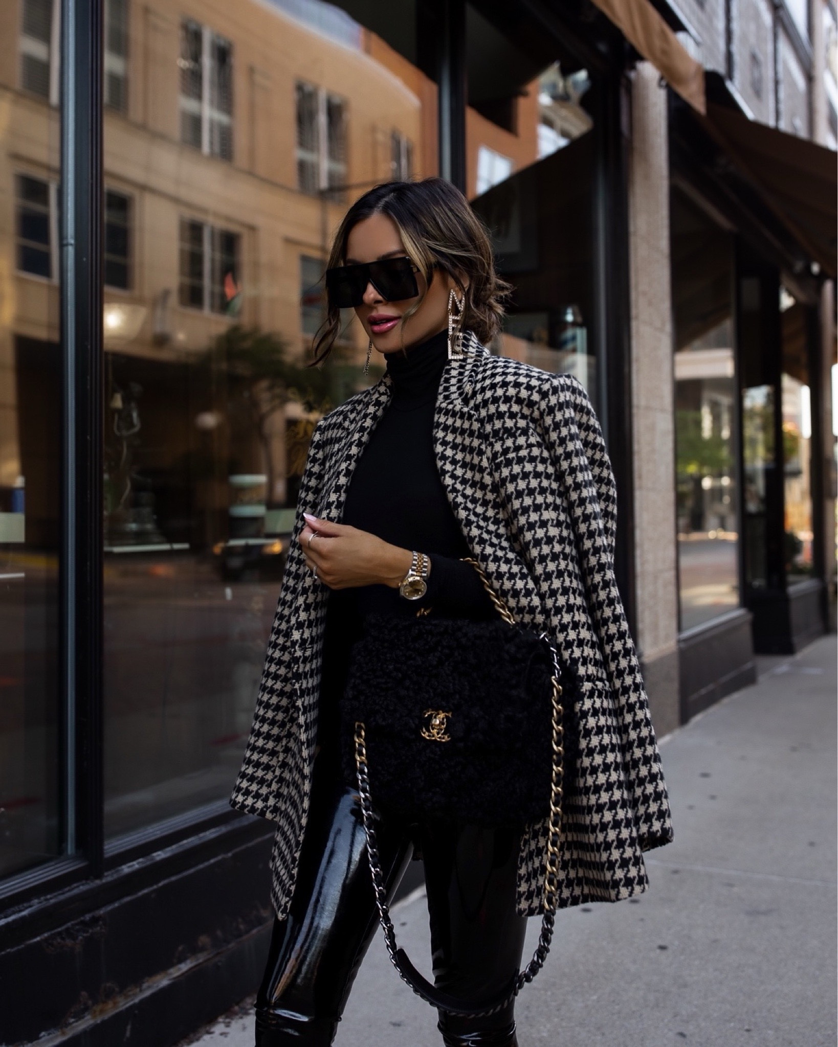 Edgy fall date night outfit
Anine bing houndstooth blazer
Commando turtleneck bodysuit
Commando patent leather leggings
Allsaints combat boots



#LTKSeasonal #LTKstyletip #LTKworkwear
