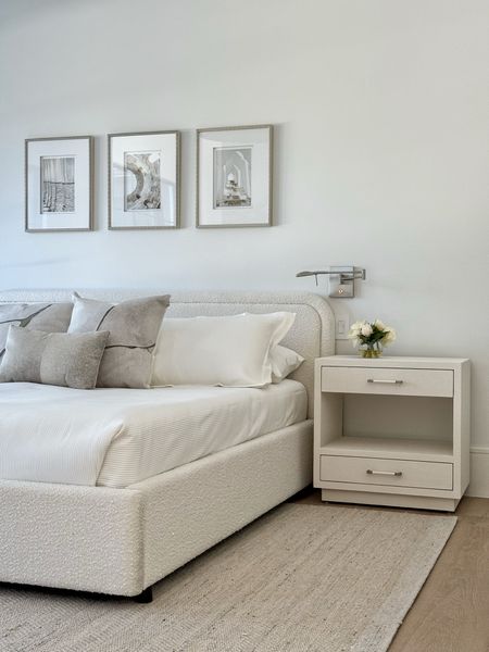 White cream, off-white, and gray neutral color palette for a luxurious bedroom, home decor style.