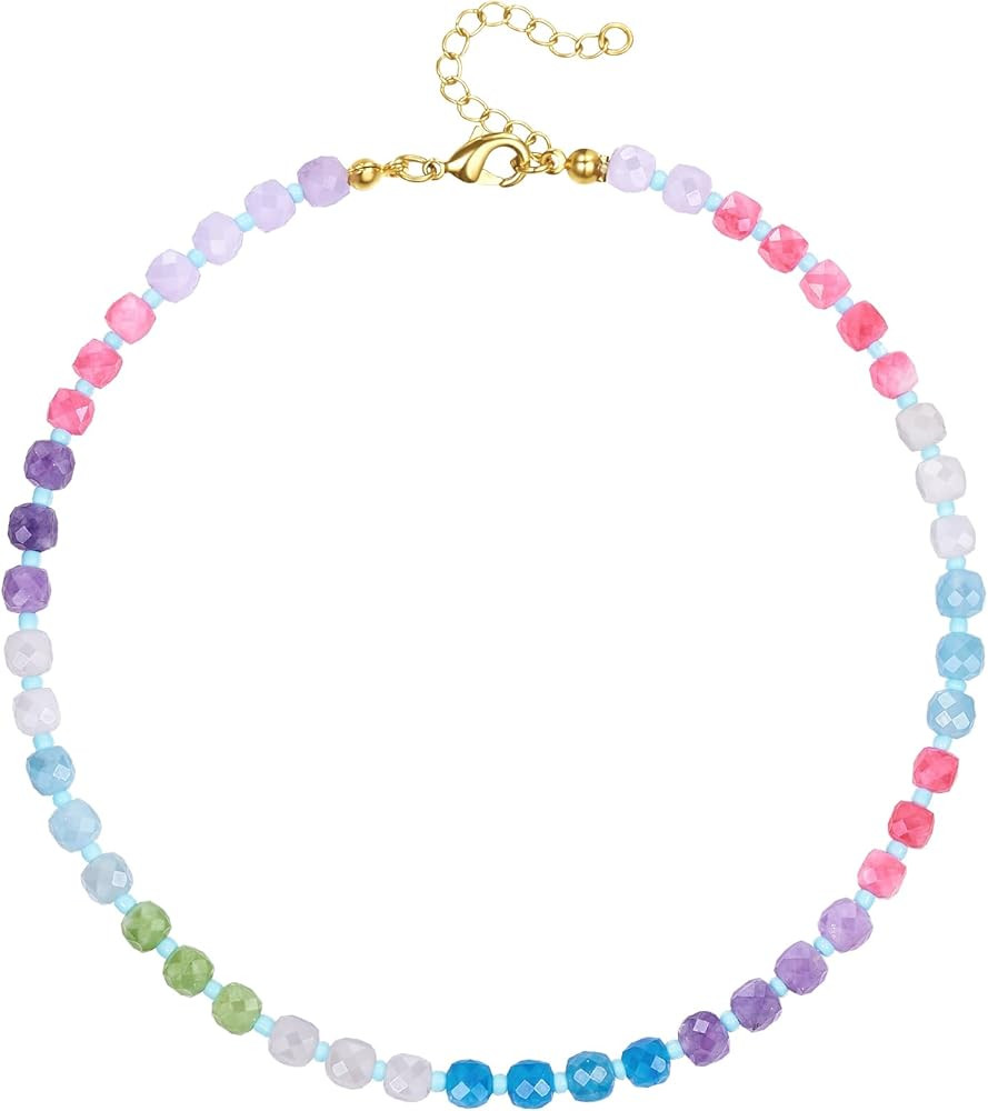 KissYan Beaded Necklaces for Women, Colorful Gemstone Bead Boho Choker for Beach, Natural Stone H... | Amazon (US)