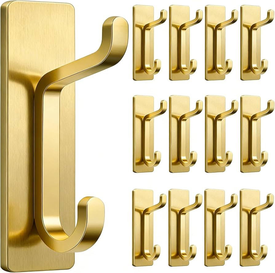pickpiff 12 Pack Stick-on Hooks Strong 13LB for Coat & Towel, Brushed Gold | Amazon (US)