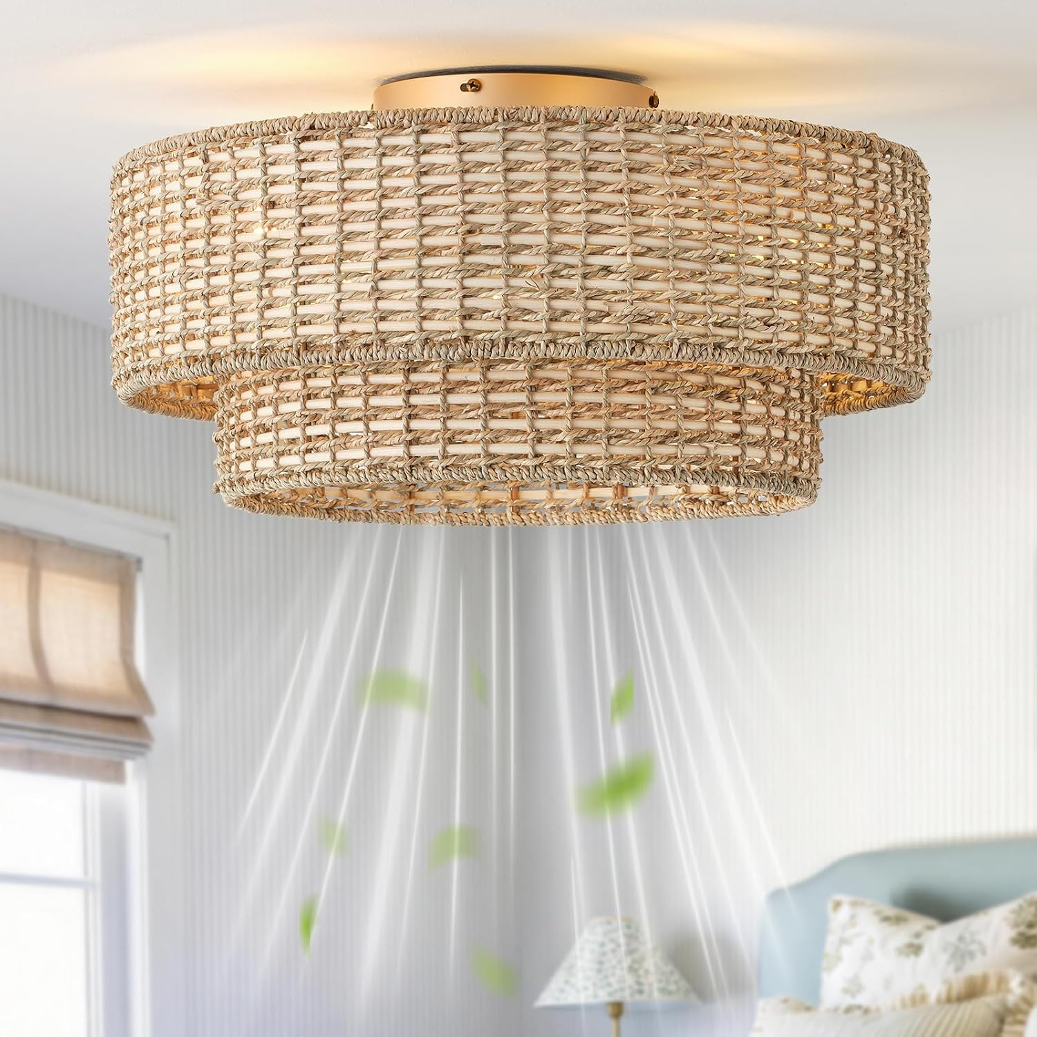 20" Boho Fandelier Ceiling Fans with Lights, Rattan Caged Low Profile Ceiling Fan with Lights and Remote Control, Farmhouse Bladeless with 6 Speeds for Bedroom Kitchen, Gold Flush Mount | Amazon (US)