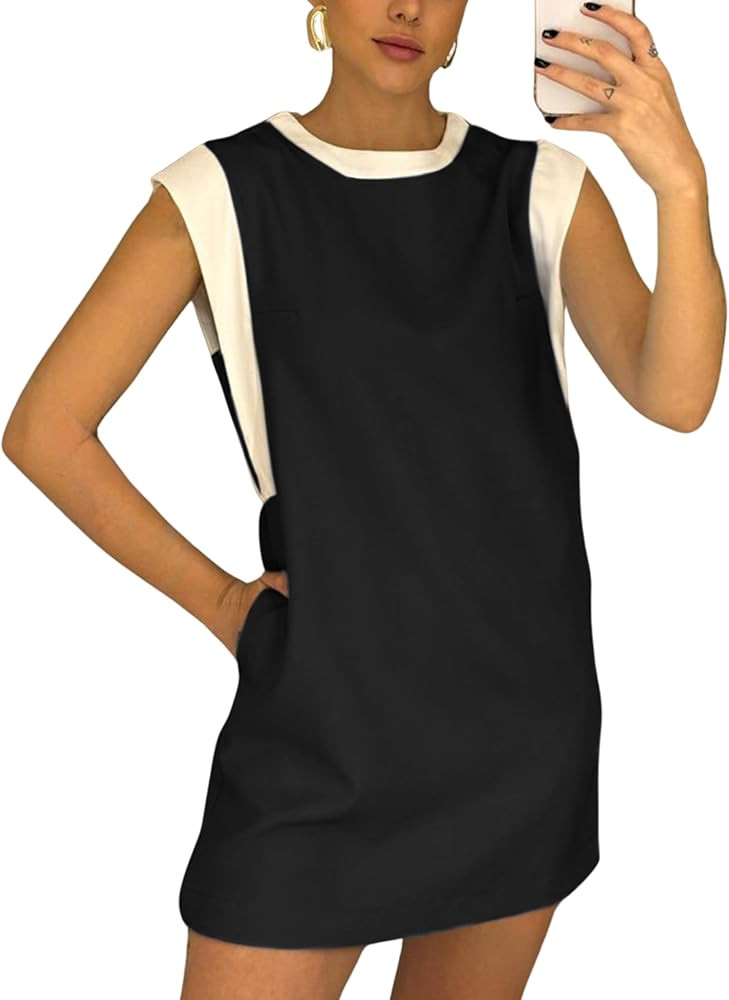 Qiaomai Womens Mini Dress Summer Casual Color Block Round Neck Short Dresses with Pockets | Amazon (US)