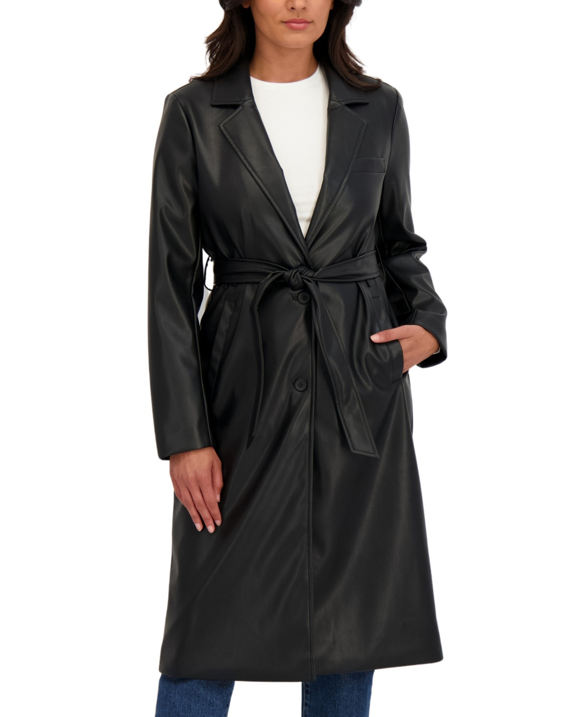 Sebby Collection Women's Belted Snap Front Faux Leather Long Trench Coat - Black | Macy's