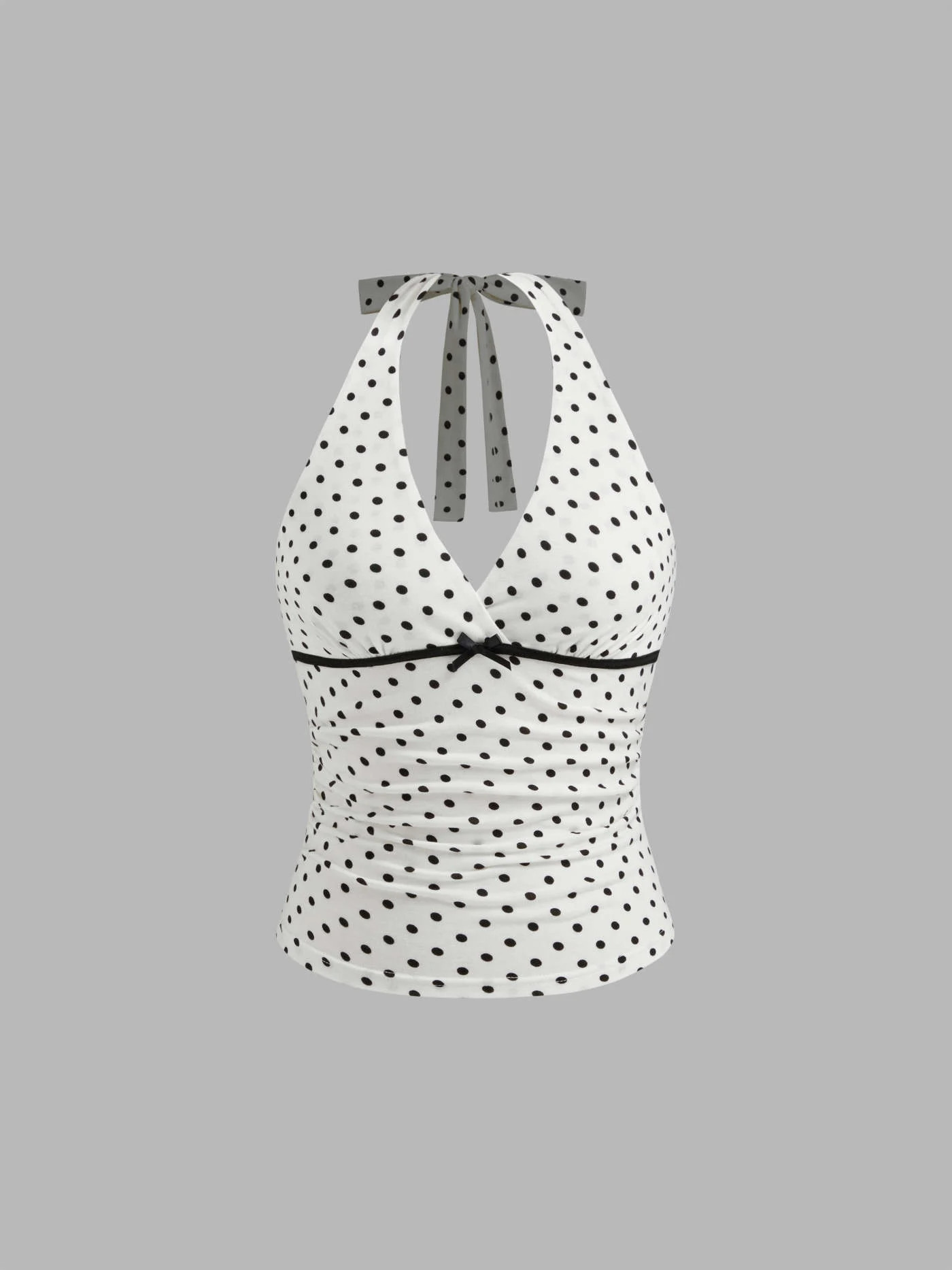 V-neck Halter Polka Dot Bowknot Ruched Tank Top | Cider