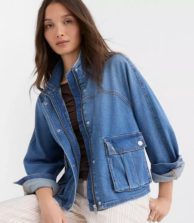 Petite Denim Modern Cargo Jacket in Authentic Indigo | LOFT