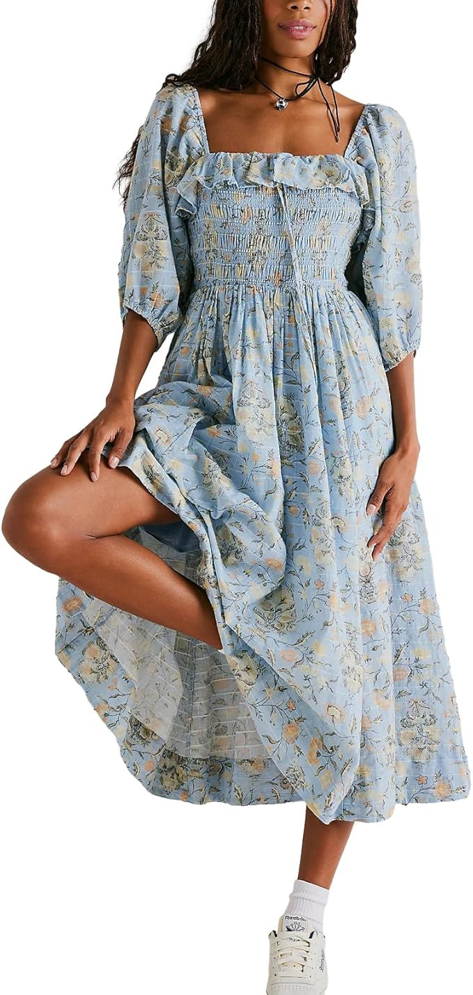 Women Bohemian Floral Puff Sleeve Long Dress Elegant Square Neck Embroidered A Line Maxi Dress Sw... | Amazon (US)