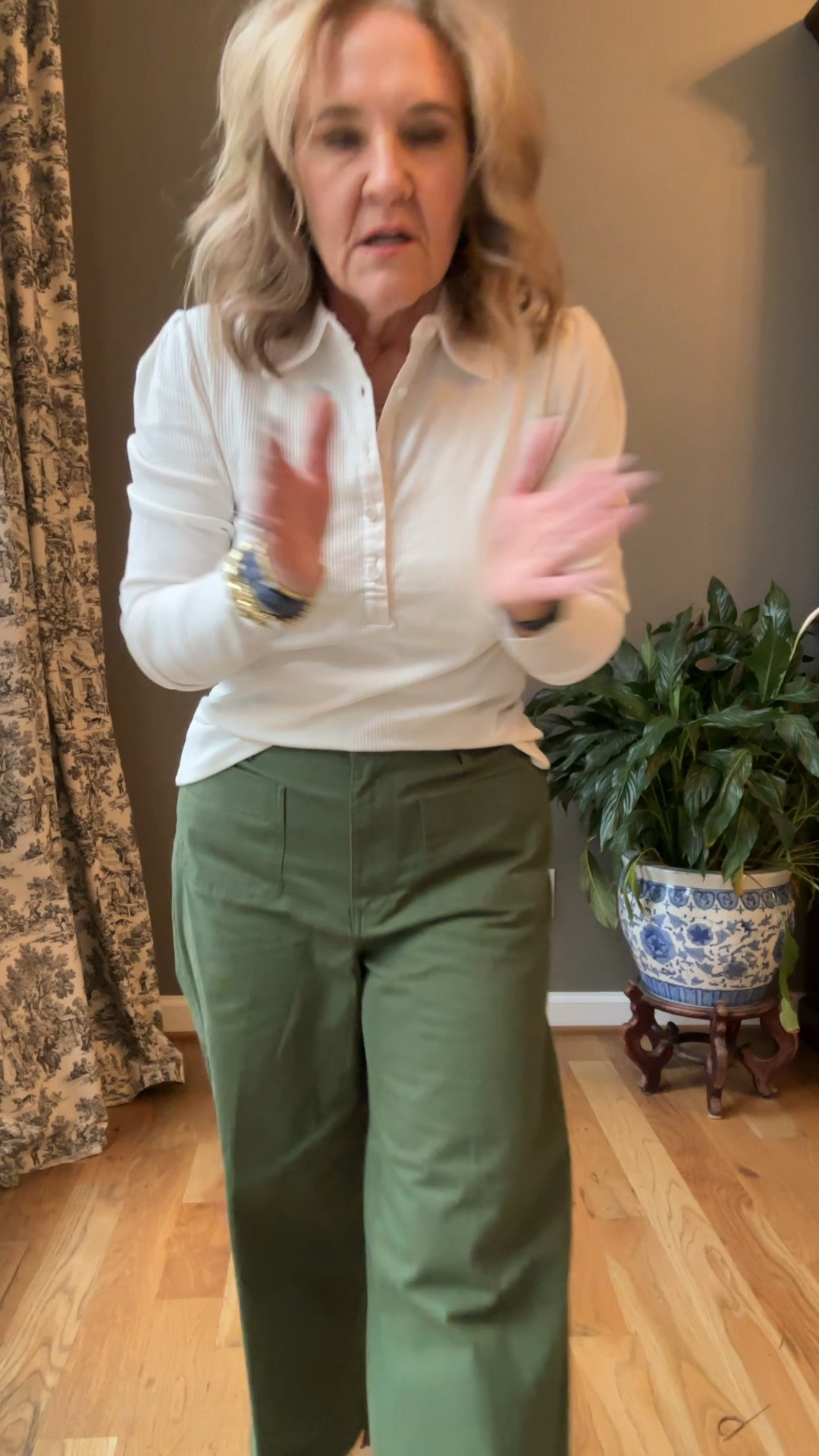 Two new pieces from Walmart in their Free Assembly collection. The pants are a lighter weight, more spring/summer. They run roomy and have elastic in the waist band, get your smaller size. They have the tending front pockets and a wide leg.

The collared Henley is so great! Get it in any color. The white I am wearing here is just slightly off white.

Walmart free assembly green pants front pocket pants wide leg pants Henley top Collard Henley top

#LTKFindsUnder50 #LTKOver40 #LTKMidsize