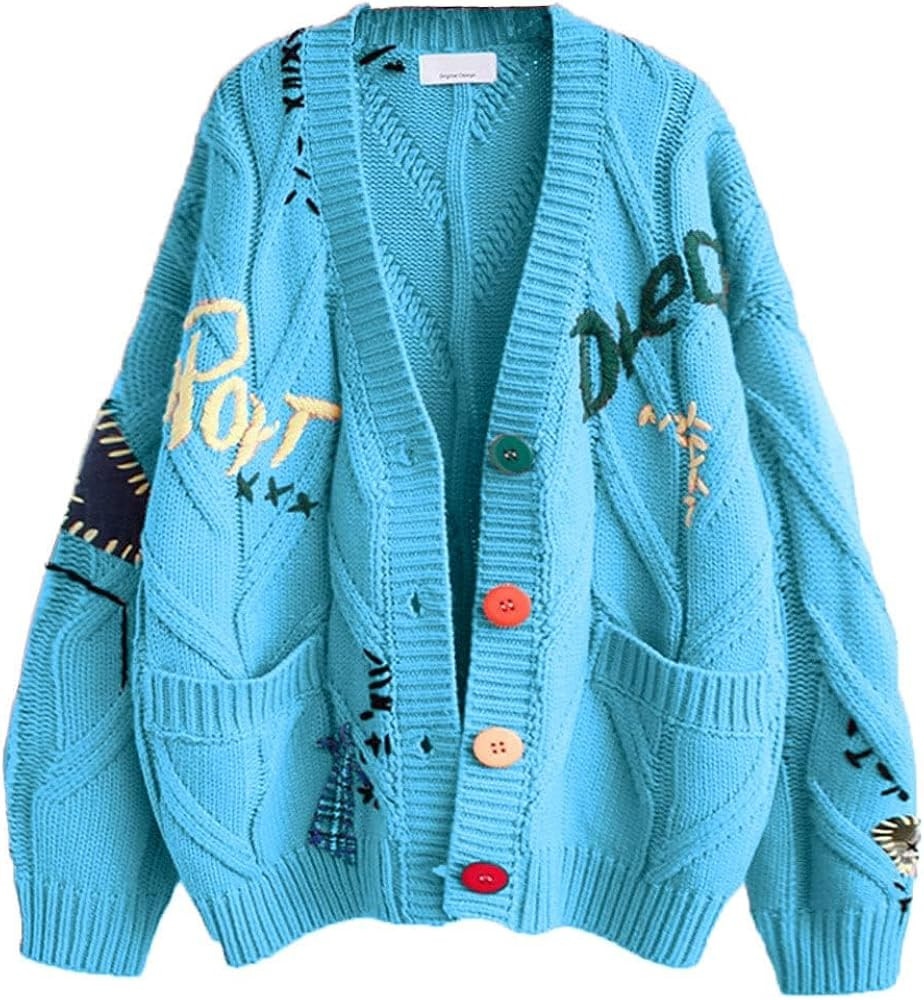 Women Sweaters Chunky Cable Knit Cardigan Loose Button Down Embroidery Sweater Coats Casual V-Nec... | Amazon (US)