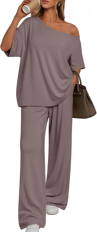Trendy Queen Womens 2 Piece Lounge Sets Airport Travel Casual Outfits | Off Shoulder Oversized Ts... | Amazon (US)