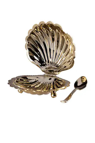 The Favorites Cap Ferrat Fan Shell Lidded Bowl With Spoon in Polished Gold from Revolve.com | Revolve Clothing (Global)