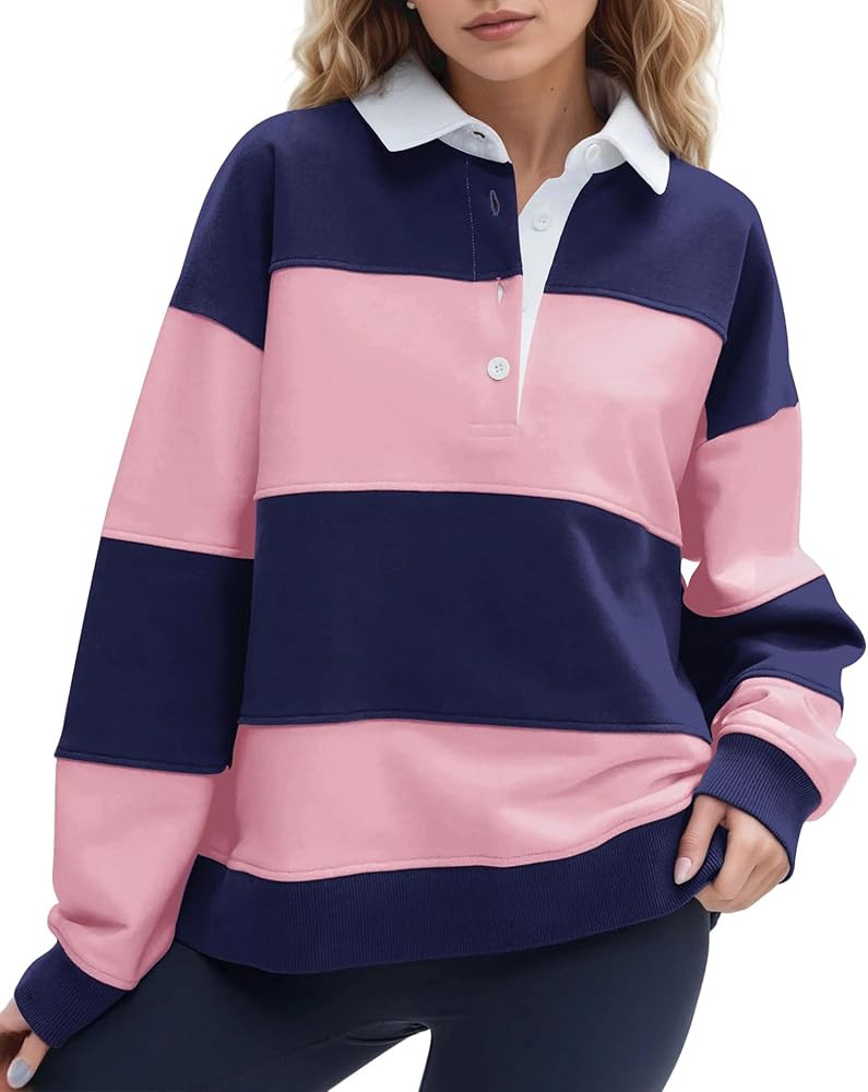 Women Striped Color Block Polo Sweatshirt Lapel Collared Long Sleeve Oversized Rugby Shirt 2025 T... | Amazon (US)