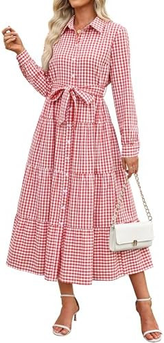 Caracilia Women Long Sleeve Maxi Dress 2026 Spring Casual Button Down Striped Plaid Tie Waist Shi... | Amazon (US)
