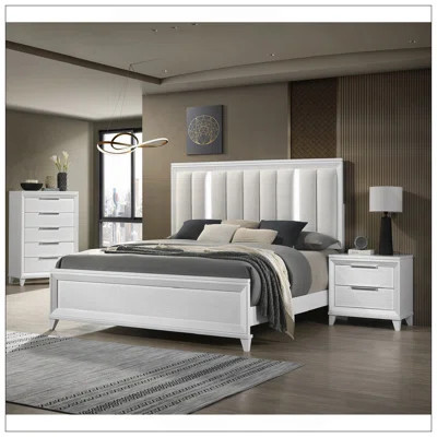 1Pc Queen Size LED Light Linen Look Fabric Upholstered Headboard Panel Bed White Finish Solid Wood Wooden Bedroom Furniture | Wayfair North America