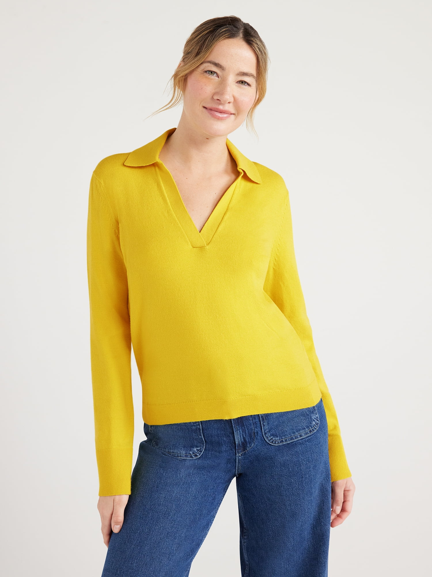 Free Assembly Easy Polo Sweater with Long Sleeves, Lightweight, Sizes XS-XXL | Walmart (US)